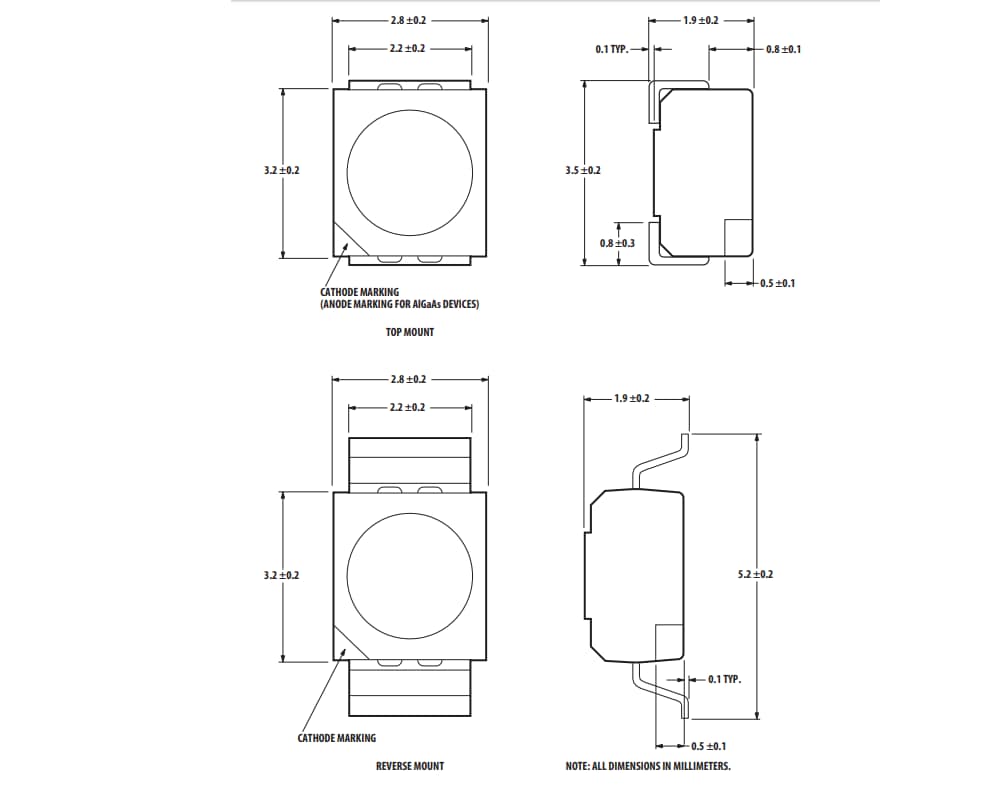 Mechanical Drawing - Broadcom HSMx-A10x Surface Mount LED indicators Mechanical Drawing - Broadcom HSMx-A10x Surface Mount LED indicators